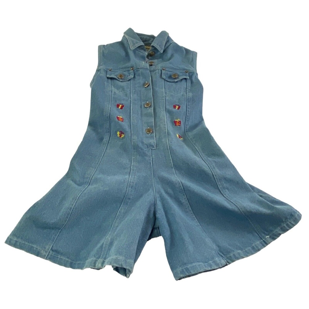 RACHEL'S KIDS Denim Shorts Romper Jumpsuit Butterflies Button Sz 10 Blue 29-10